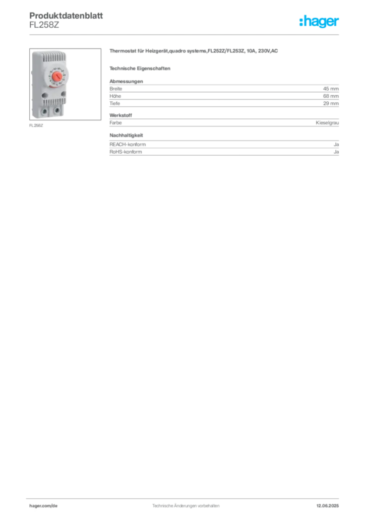 Hager Produktdatenblatt FL258Z