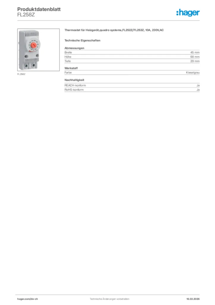 Bild Hager Produktdatenblatt FL258Z | Hager Schweiz