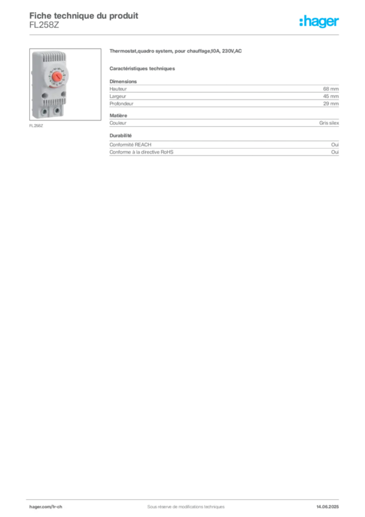 Image Hager Fiche technique du produit FL258Z | Hager Suisse