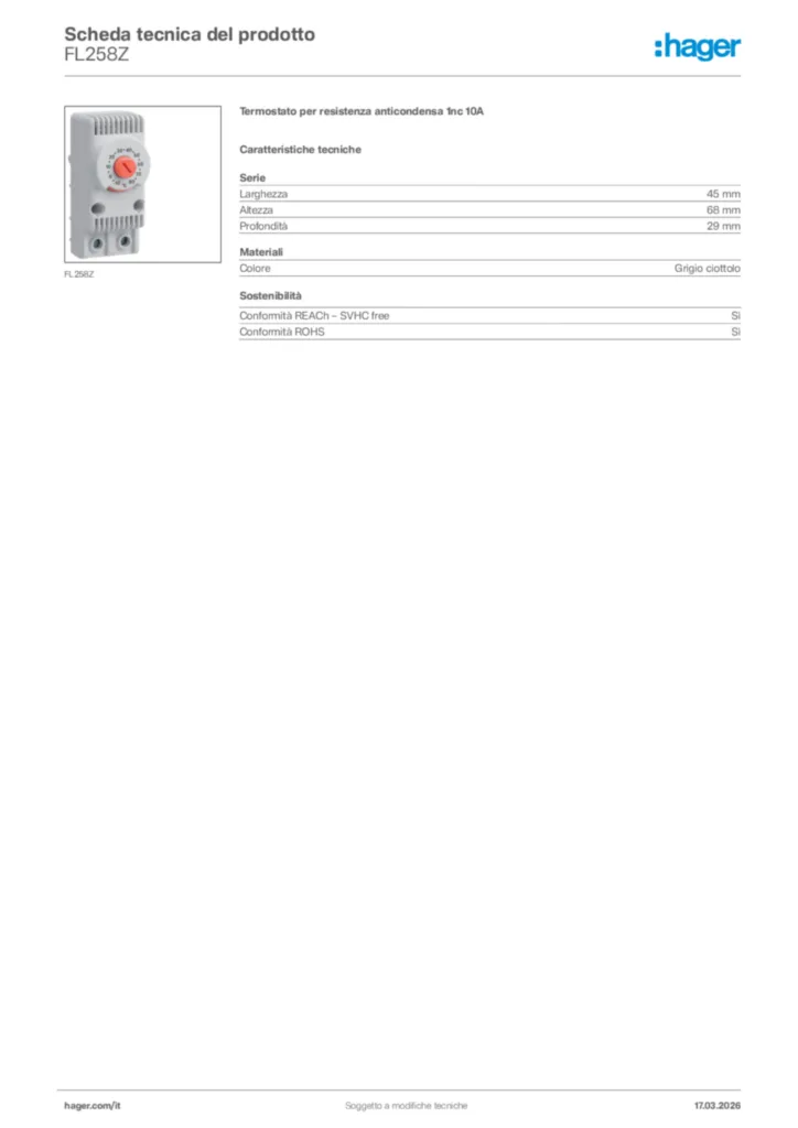 Immagine Hager Scheda tecnica del prodotto FL258Z | Hager Italia