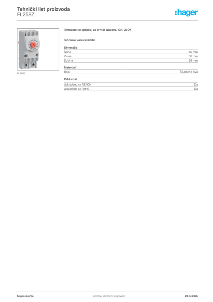 Slika Hager Product data sheet FL258Z  | Hager