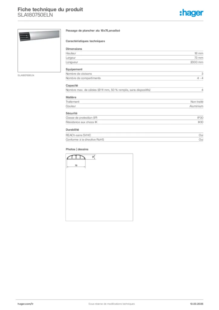 Image Hager Fiche technique du produit SLA180750ELN | Hager France