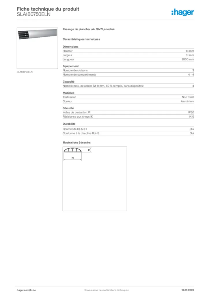 Image Hager Fiche technique du produit SLA180750ELN | Hager Belgique