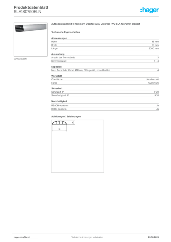 Bild Hager Produktdatenblatt SLA180750ELN | Hager Schweiz