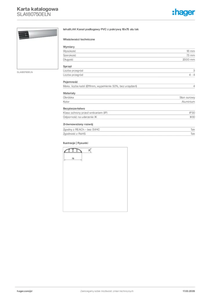 Zdjęcie Hager Karta katalogowa SLA180750ELN | Hager Polska