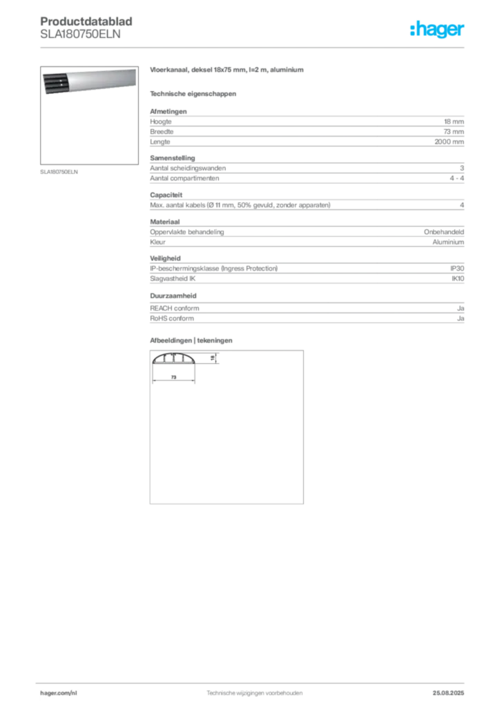 Afbeelding Hager Productdatablad SLA180750ELN | Hager Nederland