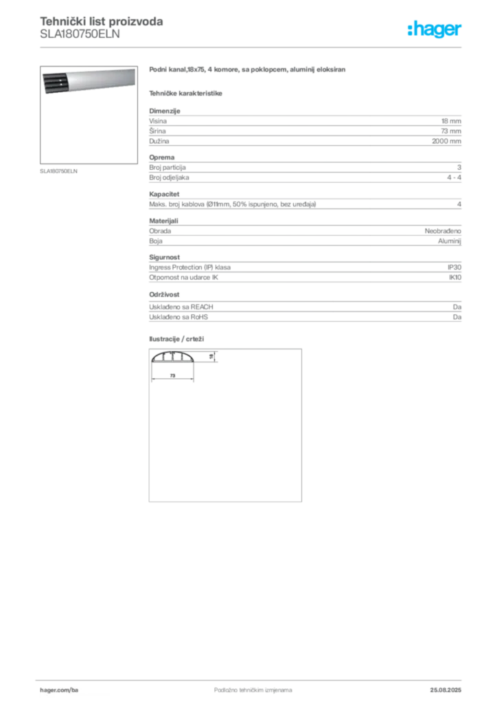 Slika Hager Product data sheet SLA180750ELN  | Hager