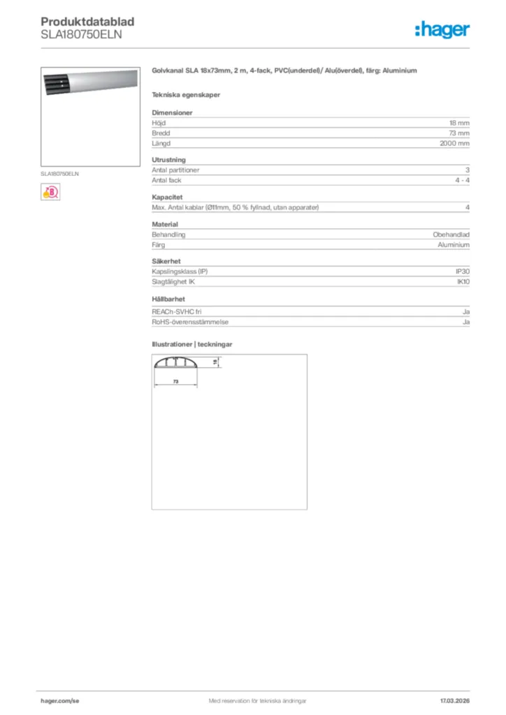 Bild Hager Produktdatablad SLA180750ELN | Hager Sverige
