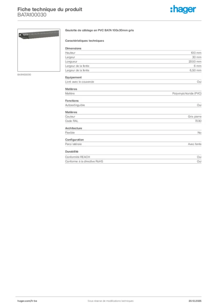 Image Hager Fiche technique du produit BA7A100030 | Hager Belgique