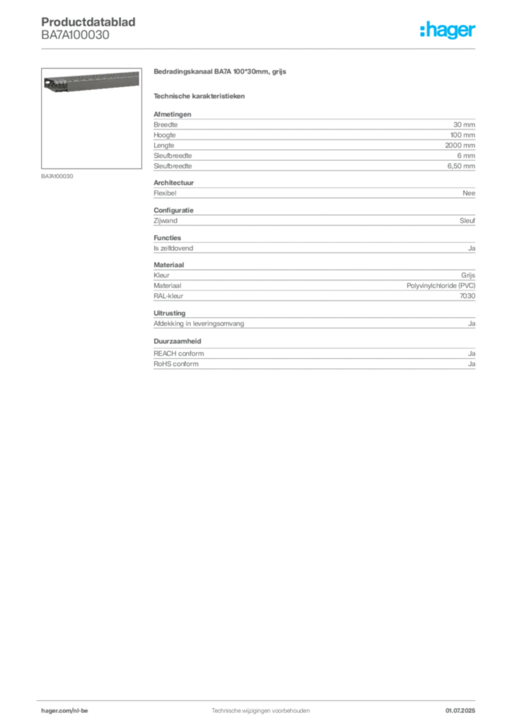 Afbeelding Hager Productdatablad BA7A100030 | Hager Belgium