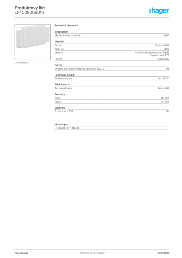 Obrázek Hager Produktový list LF4009089016 | Hager