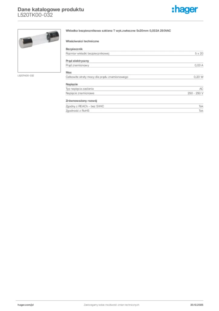 Zdjęcie Hager Dane katalogowe produktu L520TK00-032 | Hager Polska