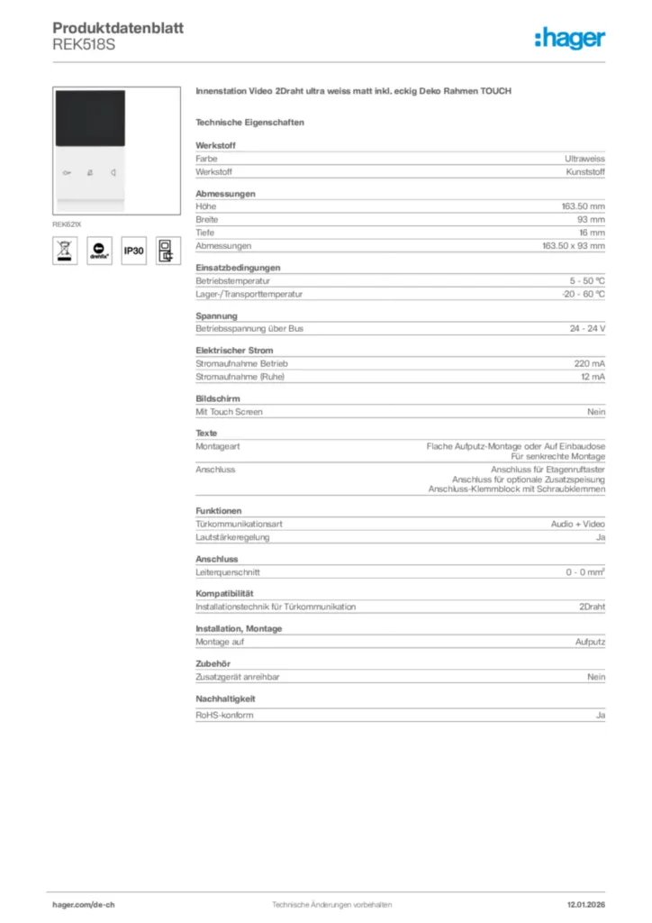 Bild Hager Produktdatenblatt REK518S | Hager Schweiz