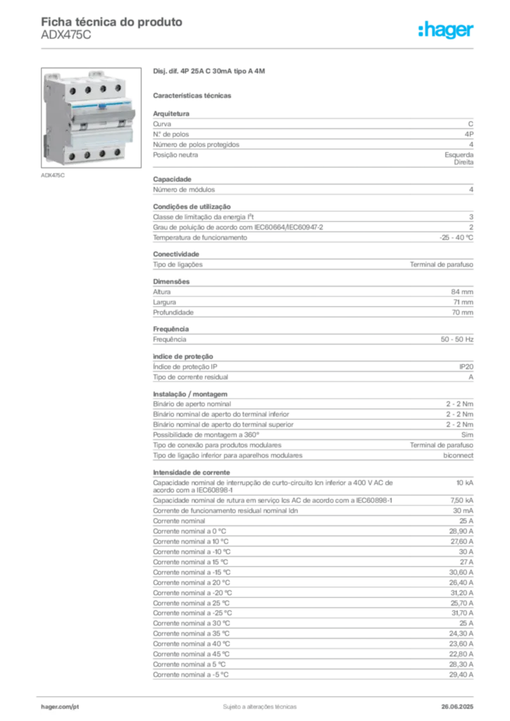 Imagem Hager Ficha técnica do produto ADX475C | Hager Portugal