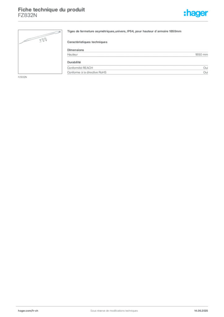 Image Hager Fiche technique du produit FZ832N | Hager Suisse