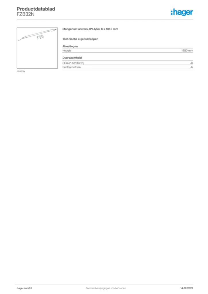 Afbeelding Hager Productdatablad FZ832N | Hager Nederland