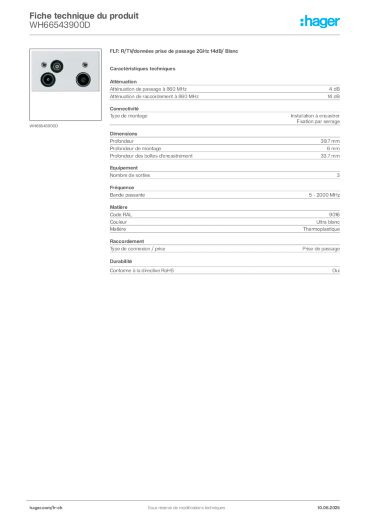 Image Hager Fiche technique du produit WH66543900D | Hager Suisse