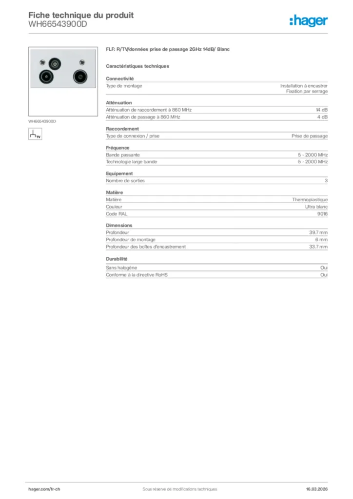 Image Hager Fiche technique du produit WH66543900D | Hager Suisse