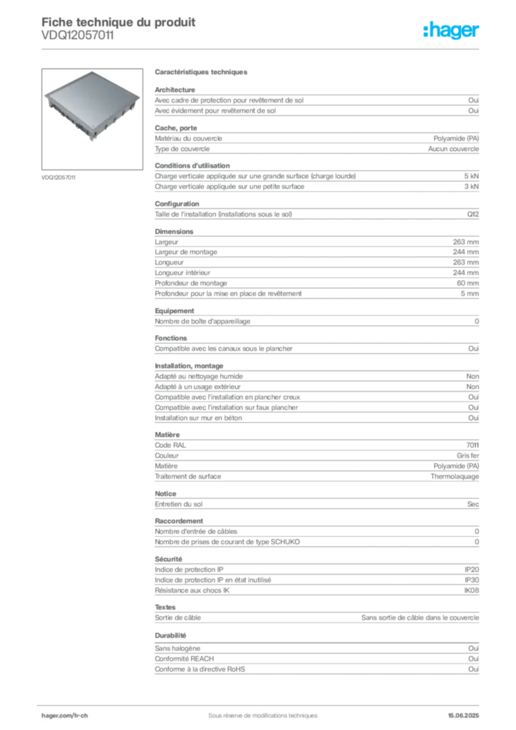 Image Hager Fiche technique du produit VDQ12057011 | Hager Suisse