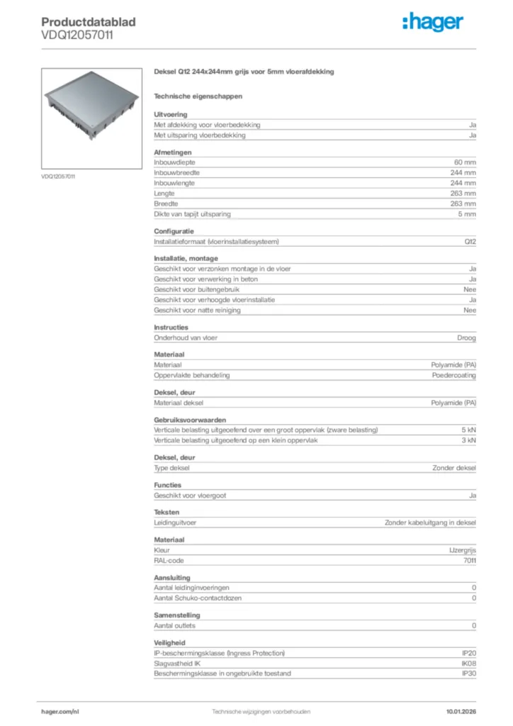 Afbeelding Hager Productdatablad VDQ12057011 | Hager Nederland