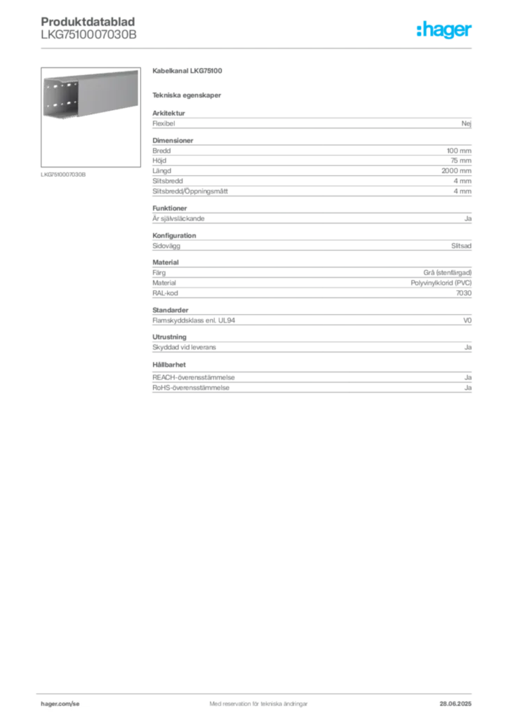 Bild Hager Produktdatablad LKG7510007030B | Hager Sverige