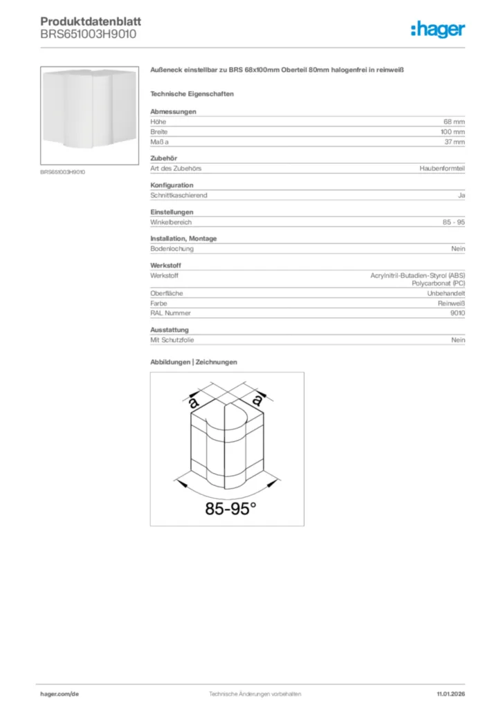 Bild Hager Produktdatenblatt BRS651003H9010 | Hager Deutschland
