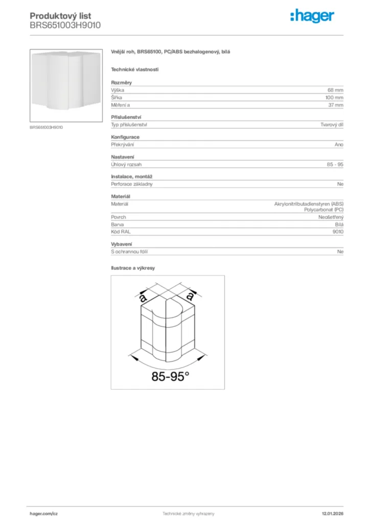 Obrázek Hager Product data sheet BRS651003H9010 | Hager