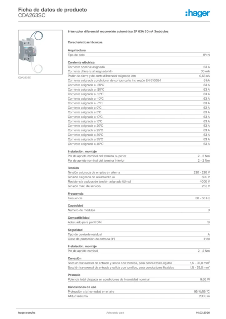 Imagen Hager Ficha de datos de producto CDA263SC | Hager España