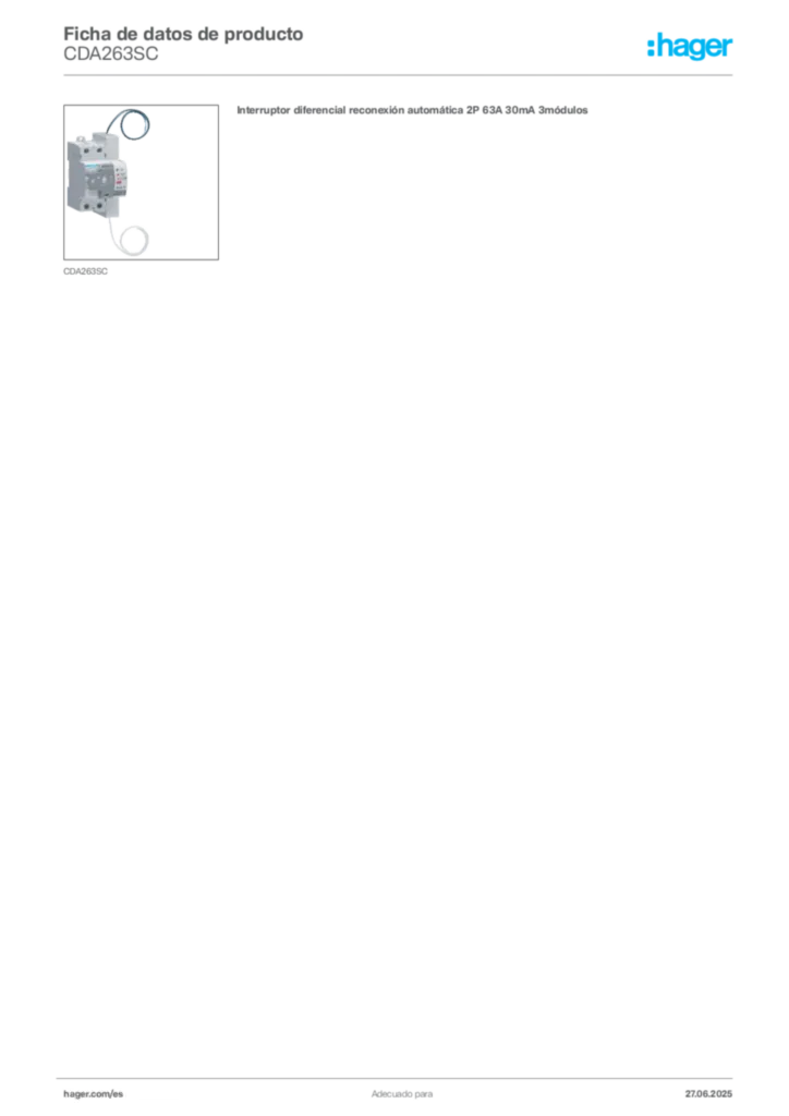 Imagen Hager Ficha de datos de producto CDA263SC | Hager España