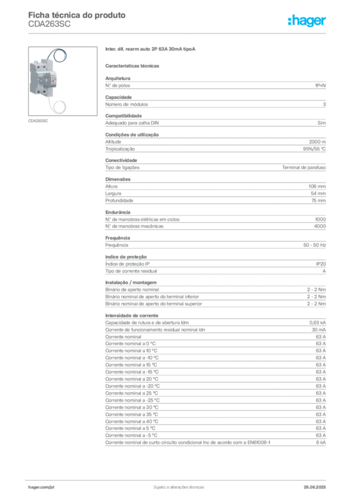 Imagem Hager Ficha técnica do produto CDA263SC | Hager Portugal