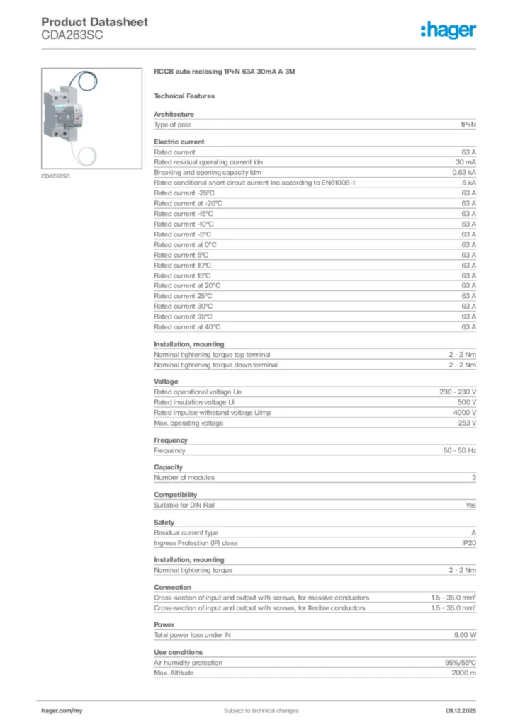 Image Hager Product data sheet CDA263SC  | Hager