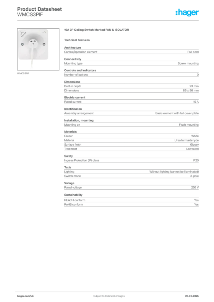 Image Hager Product data sheet WMCS3PIF  | Hager