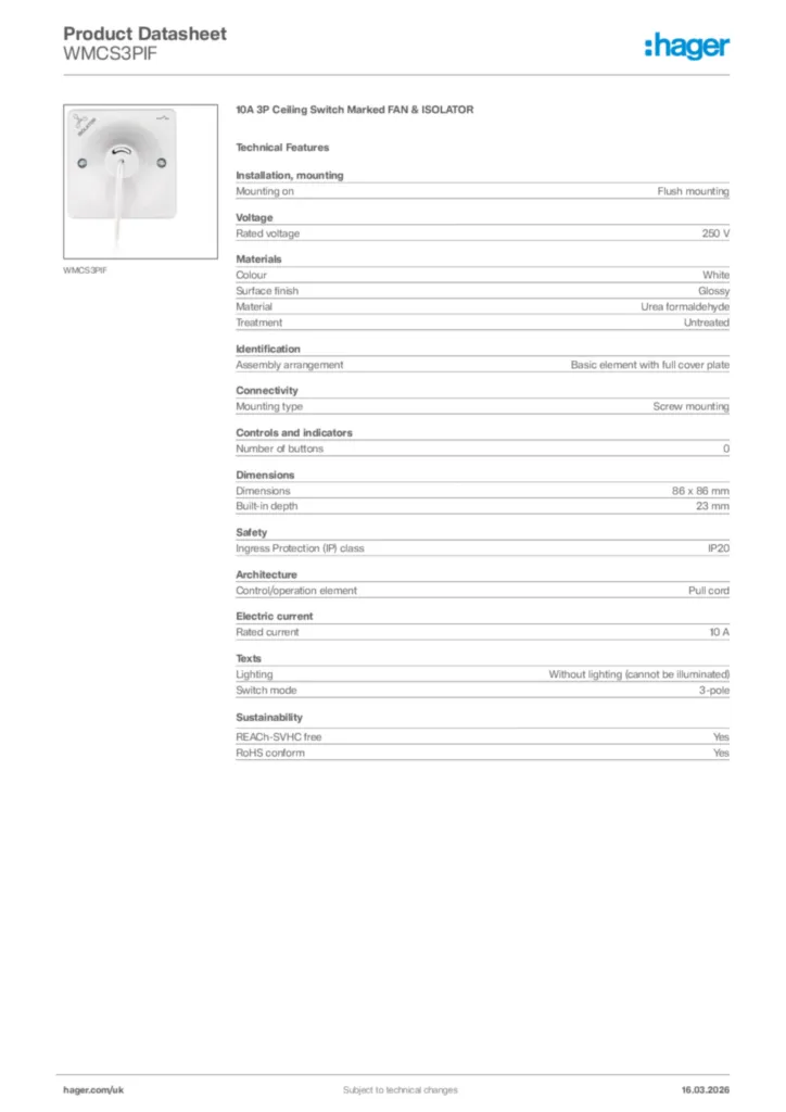 Image Hager Product data sheet WMCS3PIF  | Hager