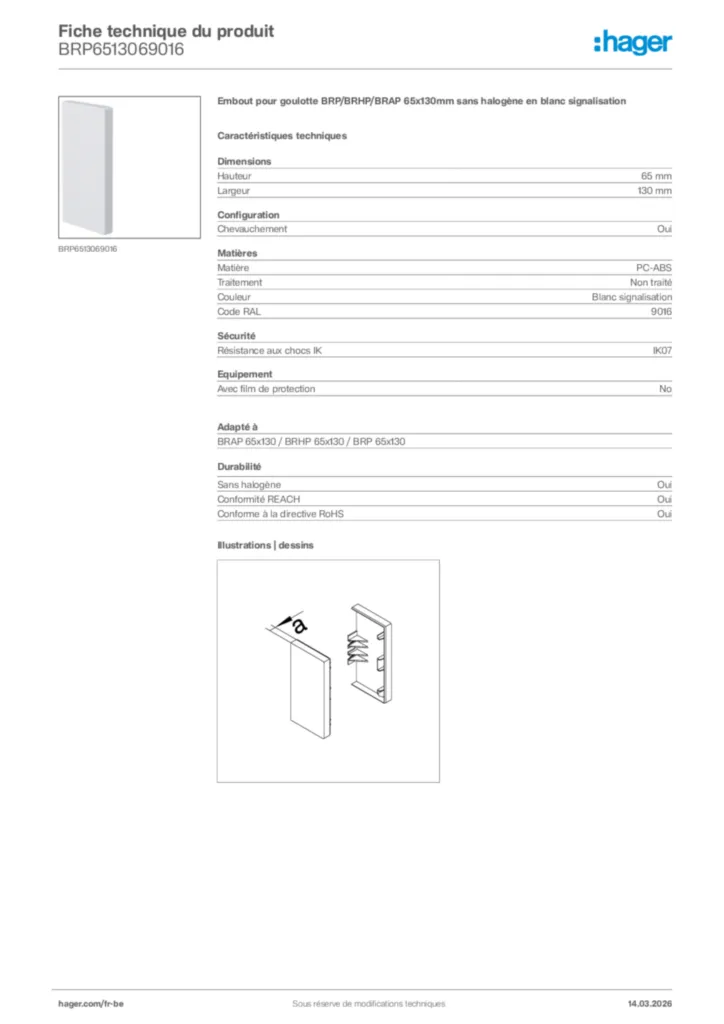 Image Hager Fiche technique du produit BRP6513069016 | Hager Belgique