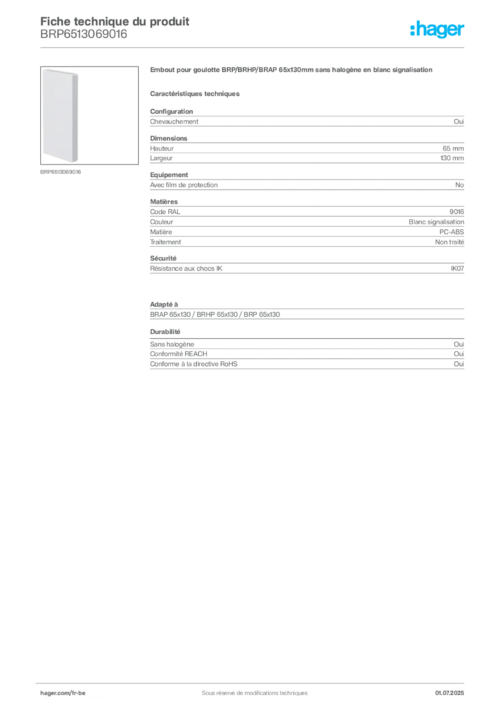 Image Hager Fiche technique du produit BRP6513069016 | Hager Belgique