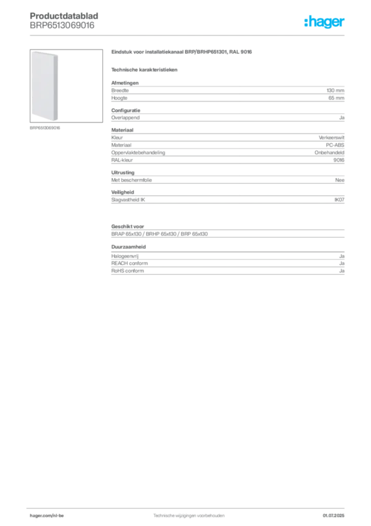 Afbeelding Hager Productdatablad BRP6513069016 | Hager Belgium