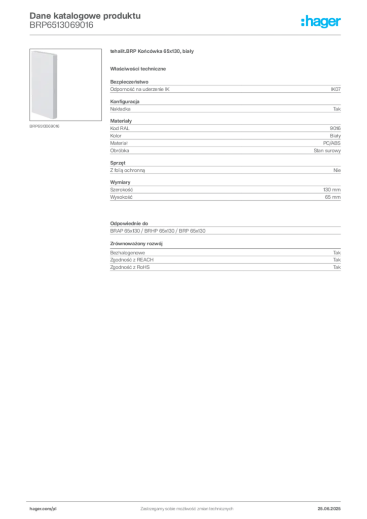 Zdjęcie Hager Dane katalogowe produktu BRP6513069016 | Hager Polska