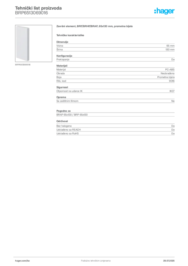 Slika Hager Product data sheet BRP6513069016  | Hager