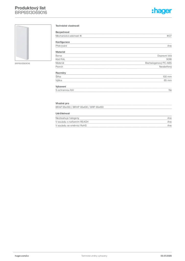 Obrázek Hager Produktový list BRP6513069016 | Hager