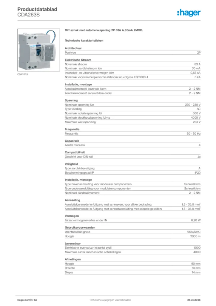 Afbeelding Hager Productdatablad CDA263S | Hager Belgium