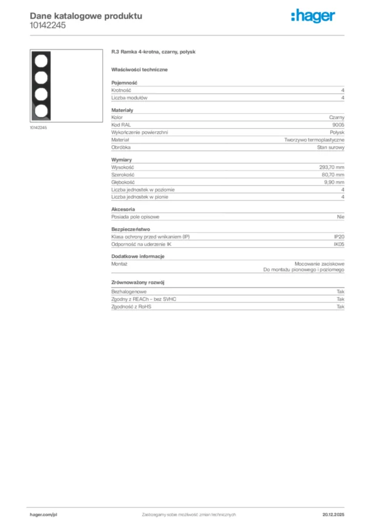Zdjęcie Hager Dane katalogowe produktu 10142245 | Hager Polska