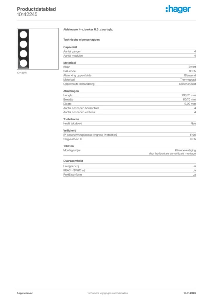 Afbeelding Hager Productdatablad 10142245 | Hager Nederland