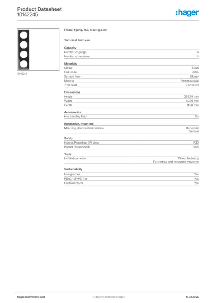 Image Hager Product data sheet 10142245  | Hager