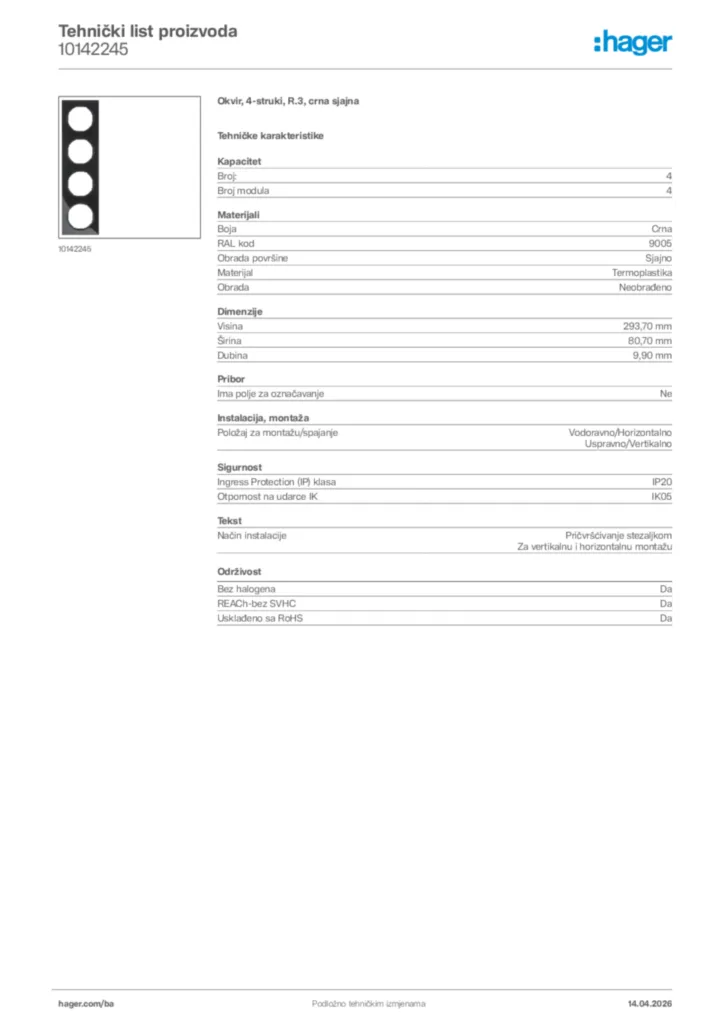 Slika Hager Tehnički list proizvoda 10142245  | Hager