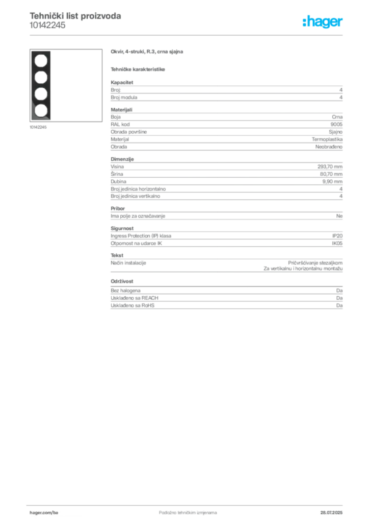 Slika Hager Product data sheet 10142245  | Hager