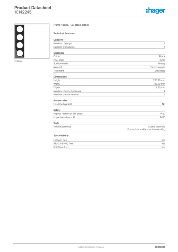 Image Hager Product data sheet 10142245  | Hager