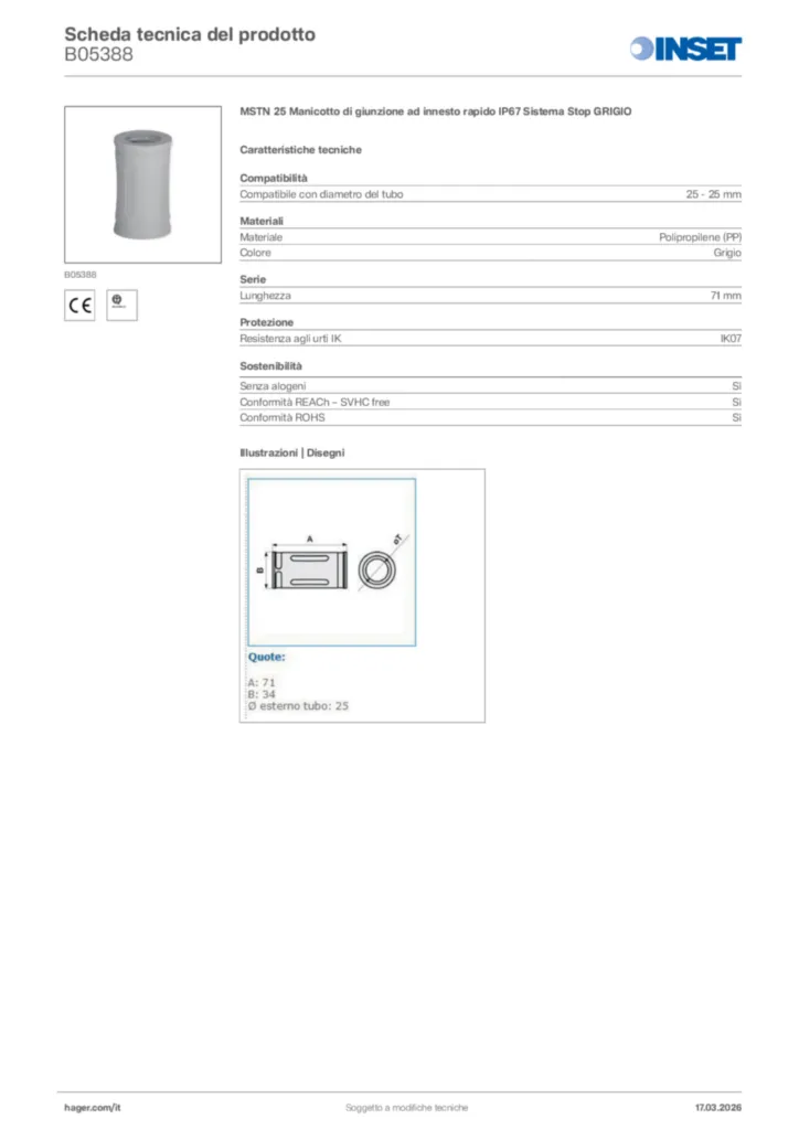 Immagine Inset Scheda tecnica del prodotto B05388 | Hager Italia