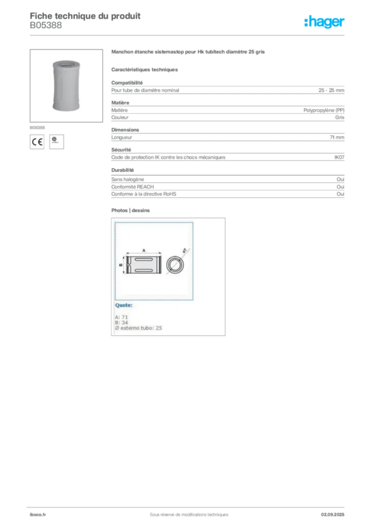 Image Iboco Fiche technique du produit B05388 | Hager France