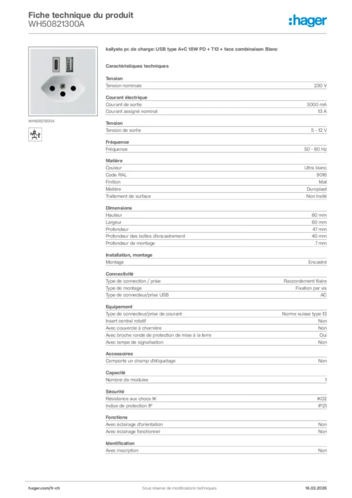 Image Hager Fiche technique du produit WH50821300A | Hager Suisse