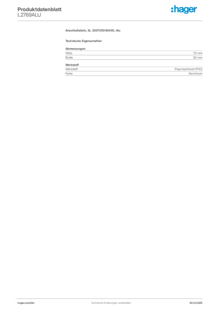 Bild Hager Produktdatenblatt L2769ALU | Hager Deutschland